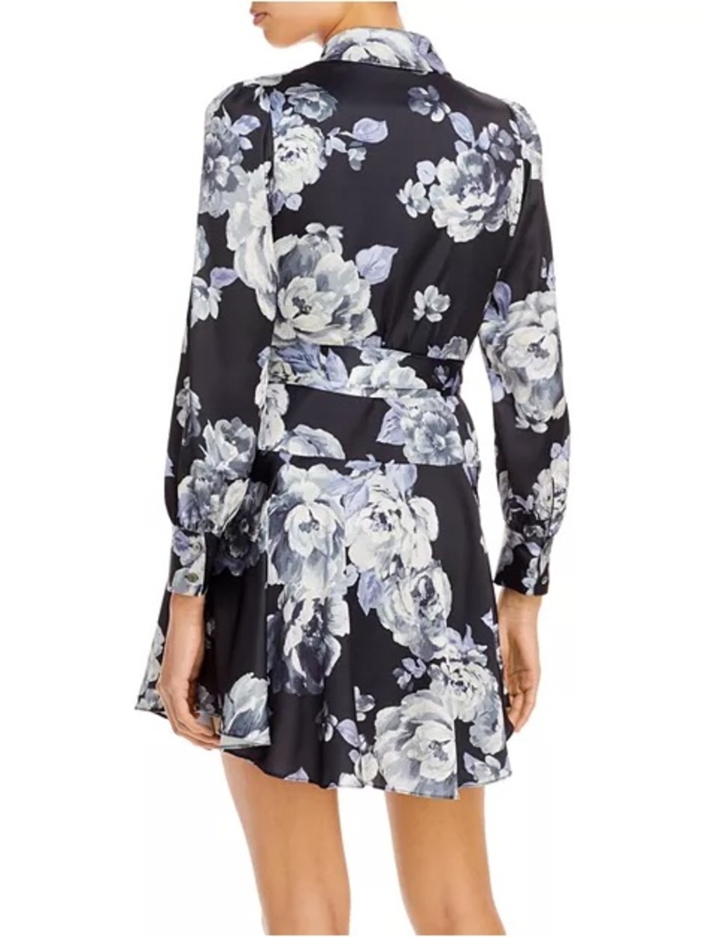 MILLY Samara Satin Floral Wrap Mini Dress Black Gray Size 6 - Picture 11 of 15